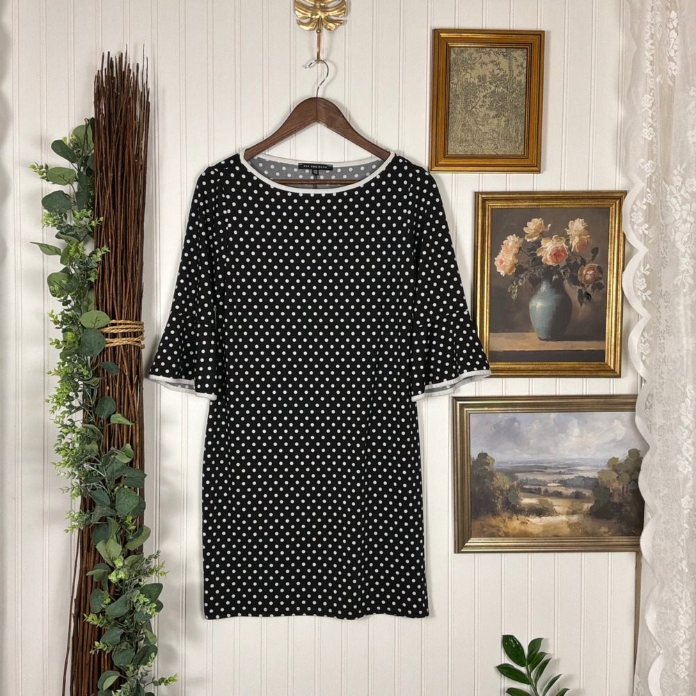 Nik and Nash Polka Dot Shift Dress Womens PM Black White Excellent Bell Sleeve